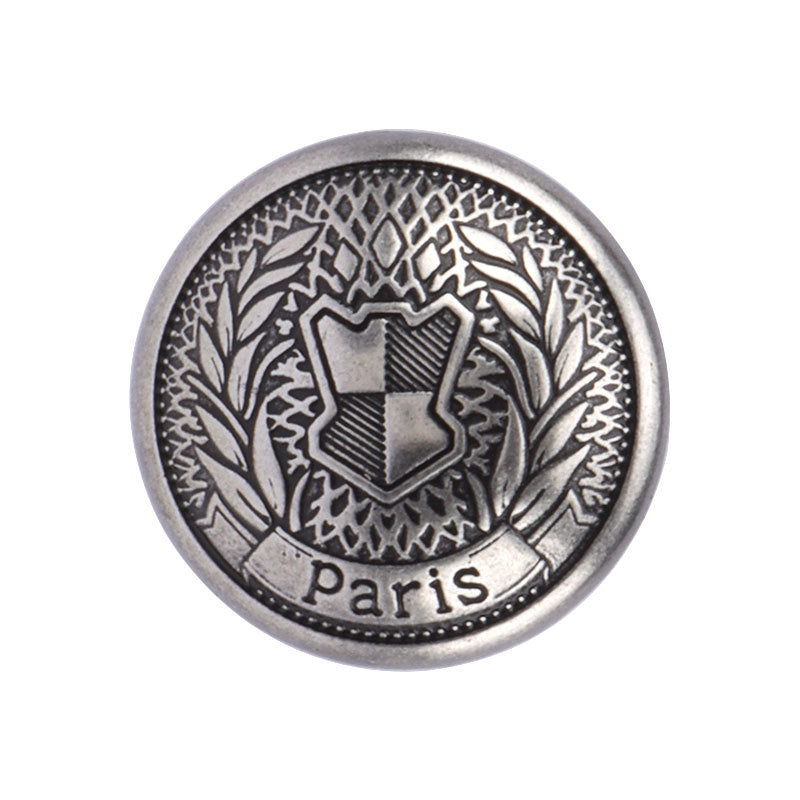 Round silver metal button with Paris laurel crest motif and metal shank
