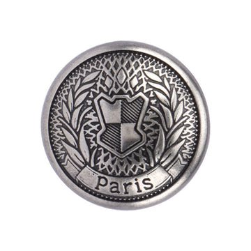 Round silver metal button with Paris laurel crest motif and metal shank
