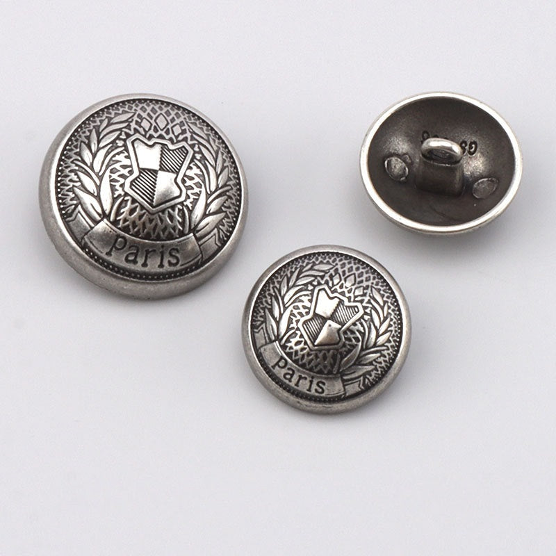 Paris silver round metal buttons set; front and back view with two holes, metal shanks