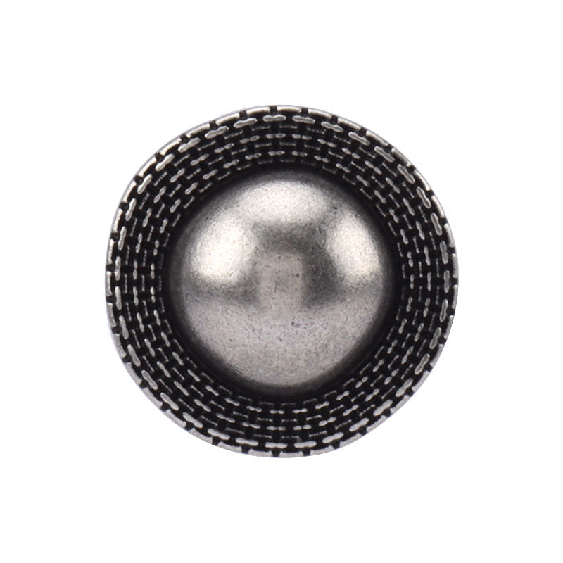 Round antique-silver metal button with shank, textured rim and domed center