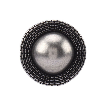 Round antique-silver metal button with shank, textured rim and domed center