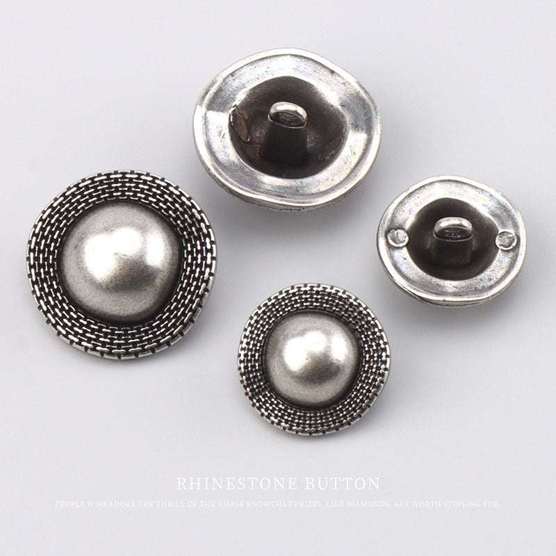 Set of 3 round antique-silver coat buttons with shanks, front and back views