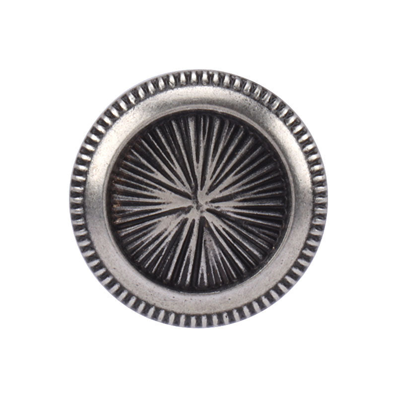 Vintage matte silver metal shank button with sunburst etched design, 17.5/22.5mm