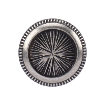 Vintage matte silver metal shank button with sunburst etched design, 17.5/22.5mm