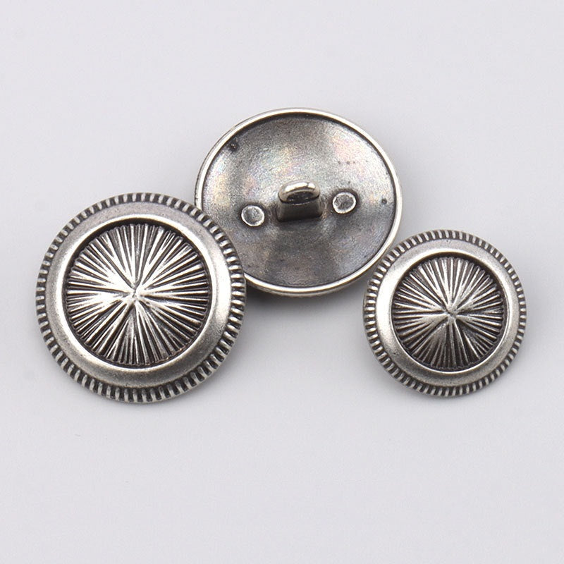 Set of matte silver metal shank suit buttons: two fronts and one back with loops