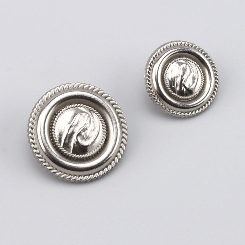 Antique silver round metal buttons with embossed motif, scalloped edge, 3-count