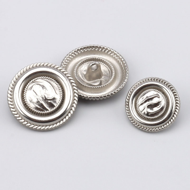 Set of 3 antique silver round metal buttons, shanks shown and scalloped rim