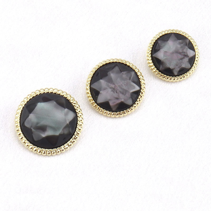 Dark round resin buttons with gold border; faceted look, shank style (3 shown)