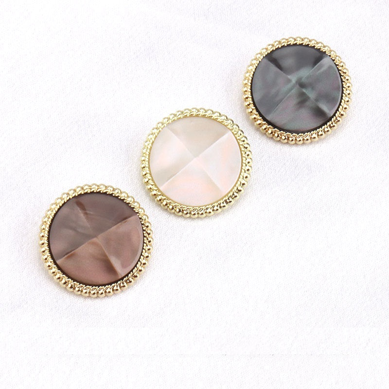 Assorted faceted resin buttons—black, white, coffee—each with gold-tone rim
