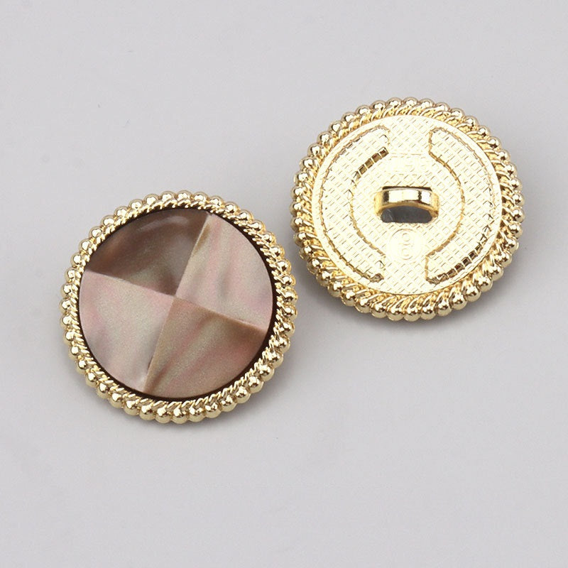 Coffee-brown faceted resin button front and back view with gold-tone beaded edge