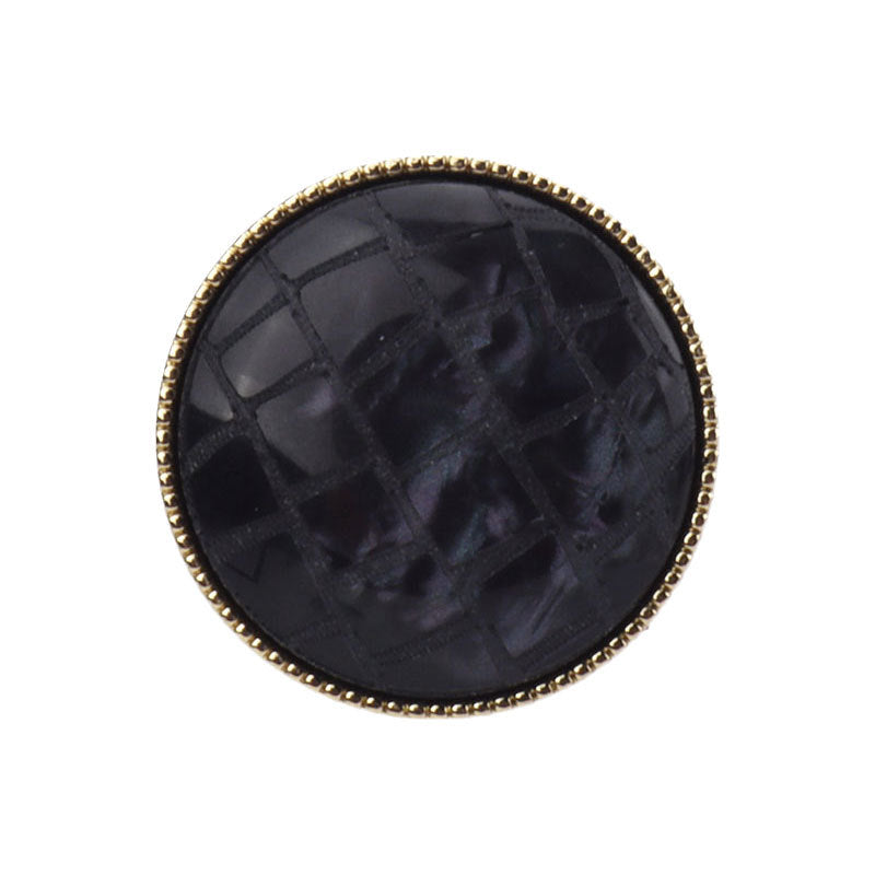 Round black check resin shank button with pearl luster and gold-tone edge