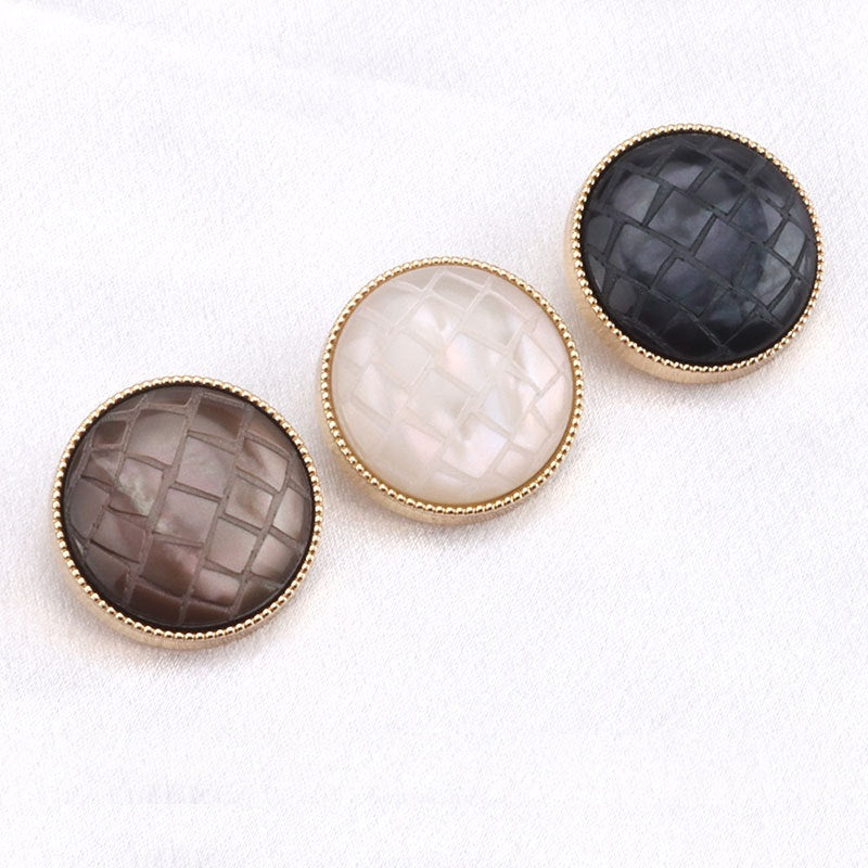 Round white and coffee check resin shank buttons with gold-tone edges