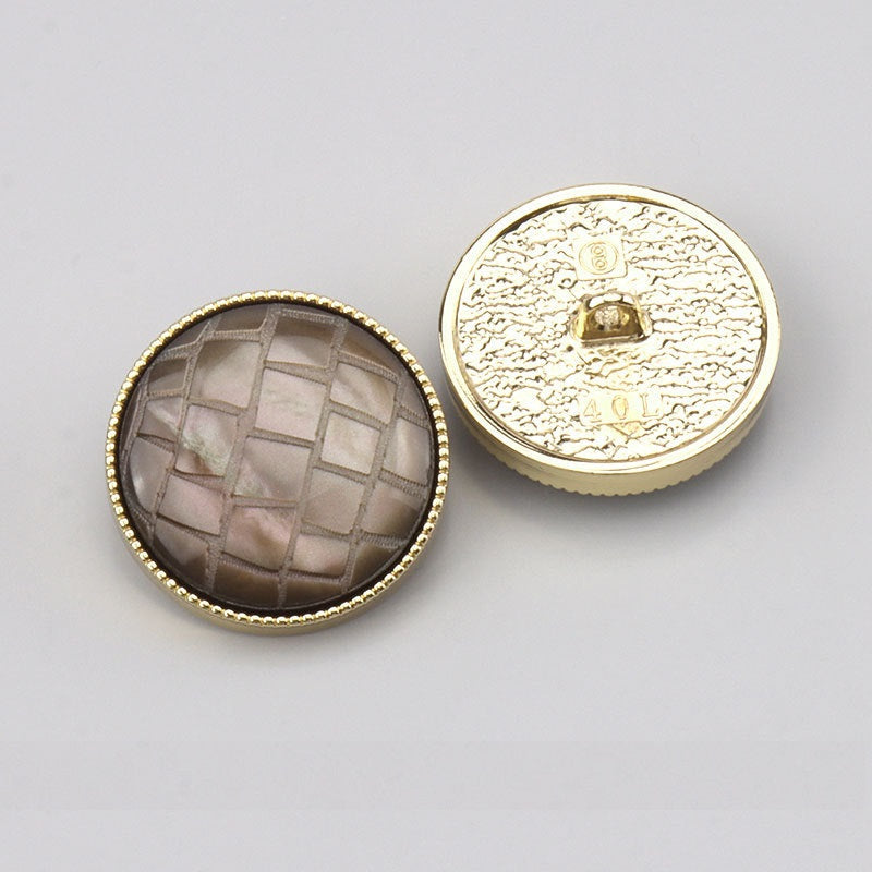 Coffee check resin shank button front with gold-tone backside