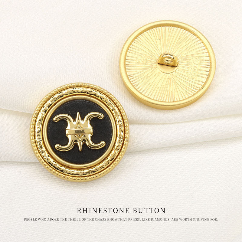 Round gold rhinestone shank buttons with symmetrical hat motif and dark center (6pcs)