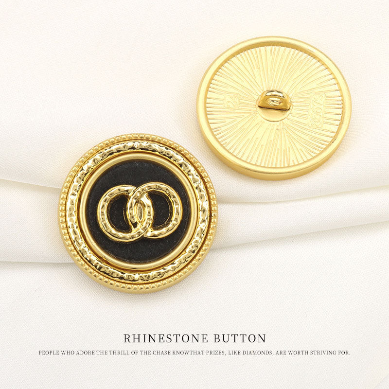 Round gold rhinestone shank buttons, double ring pattern, 6pcs