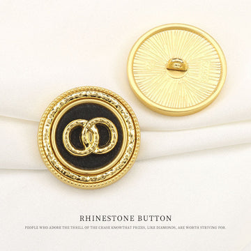 Round gold rhinestone shank buttons, double ring pattern, 6pcs