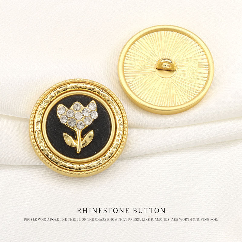 Gold-tone round shank button with rhinestone tree pattern, 16.5–24mm (set of 6)