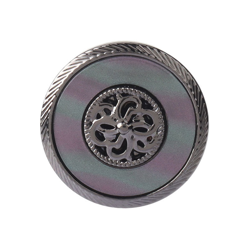 Gunmetal resin metal button with engraved floral emblem and ridged border, front view