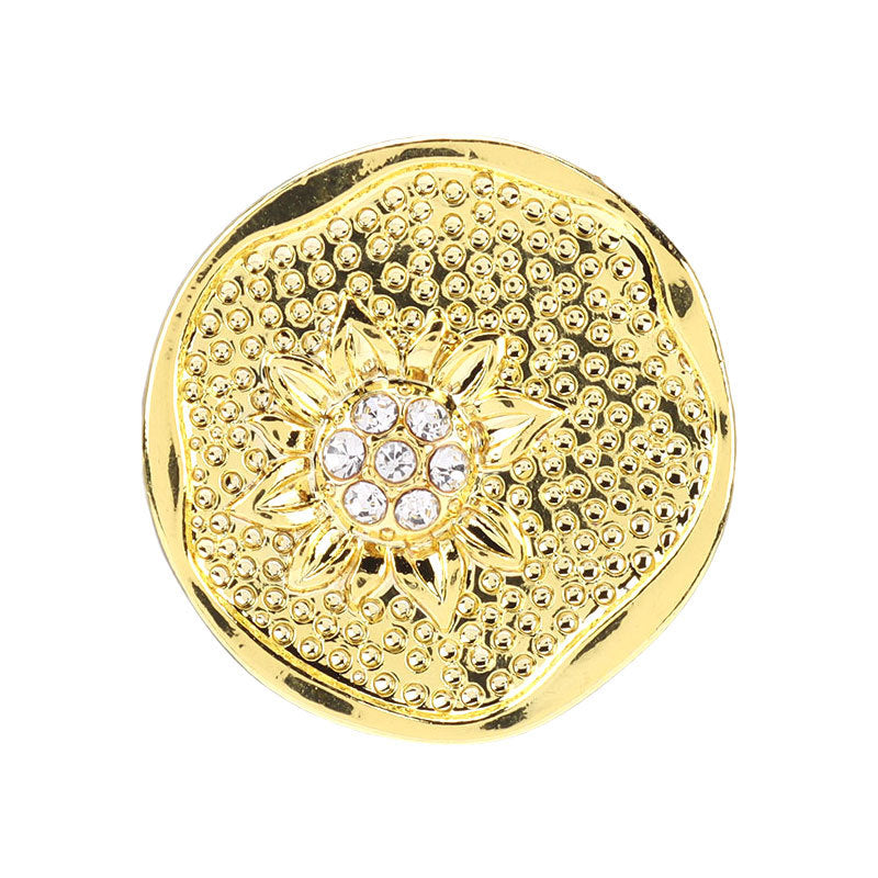 Gold round floral rhinestone button for sweaters with crystal center and petal details
