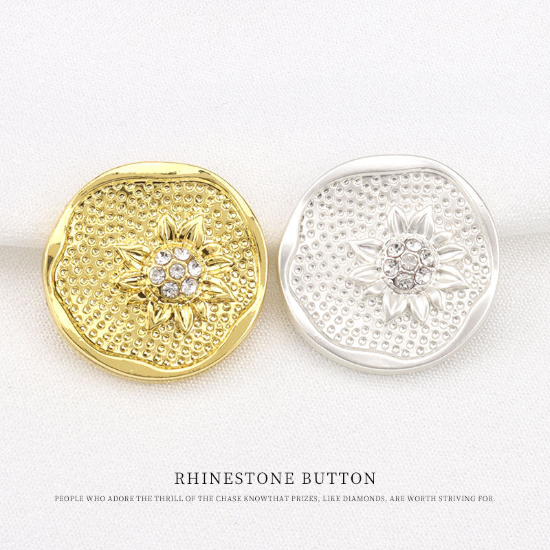 Gold and silver round floral rhinestone buttons with clear crystal rosette centers