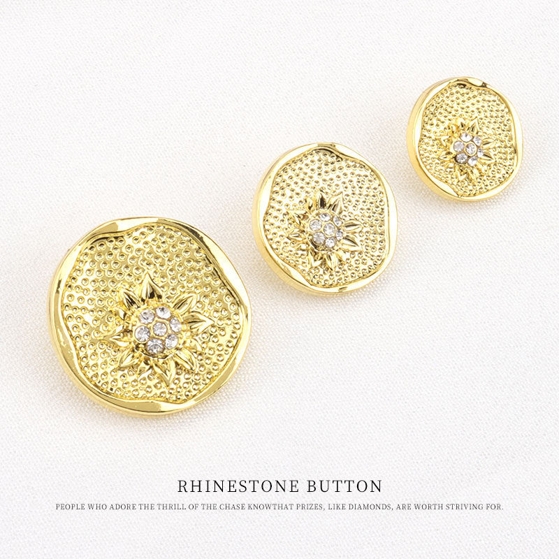 Set of 3 gold round rhinestone buttons with floral starburst and clear crystal accents