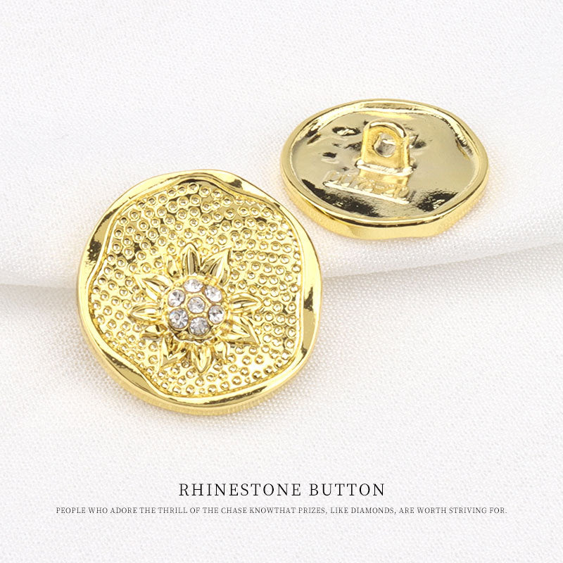 Gold round rhinestone button front and back view with clear crystal floral design