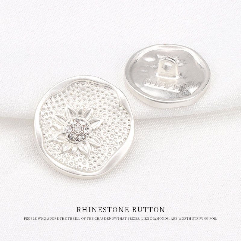 Silver round rhinestone button front and back view with clear crystal floral rosette