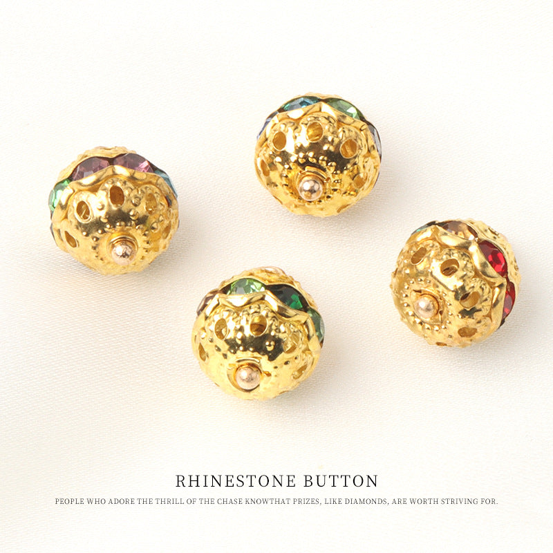 Bunte Strassknöpfe 10 mm, goldene runde Fassung, mehrfarbige Kristalle, 4 Stück sichtbar