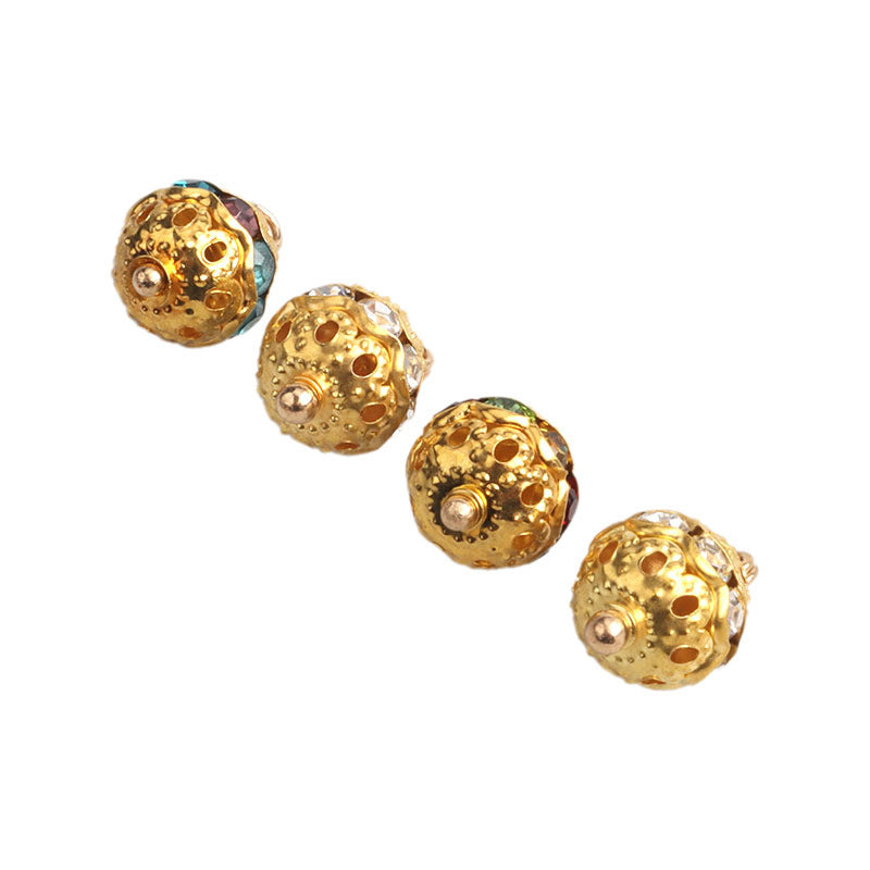 Goldene Strassknöpfe 10 mm, runde Fassung, klare Steine, 4 Stück sichtbar