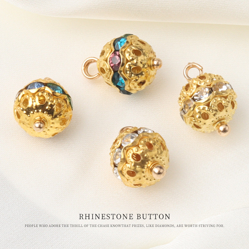 Bunte Strassknöpfe 10 mm, goldene runde Fassung, farbige Kristalle, mit Öse