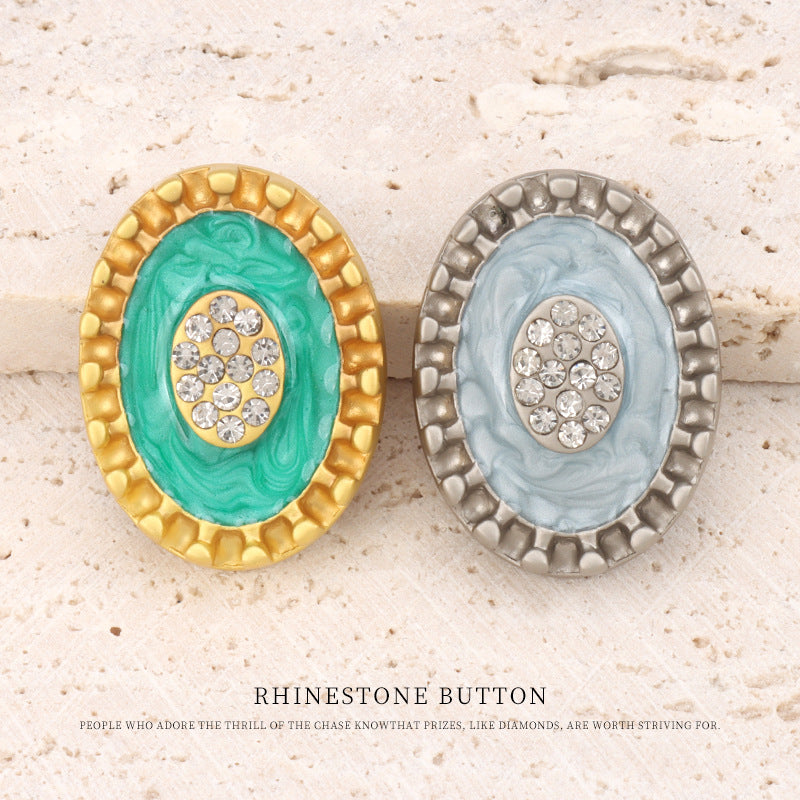 Oval metal rhinestone buttons, matte gold & silver, teal/blue center, 2-pack
