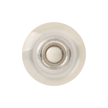 Round coat button in pearl-luster two-tone resin with silver metal rim and center