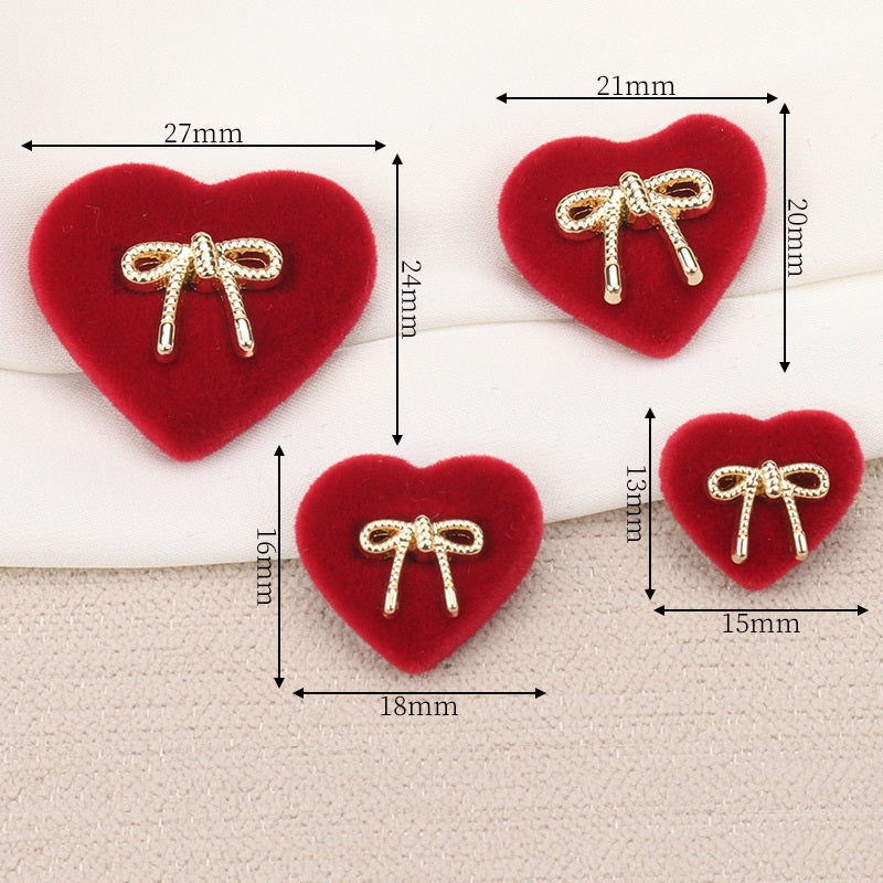 Red heart velvet shank button with rhinestone bow; size diagram (27mm, 24mm, 20mm)