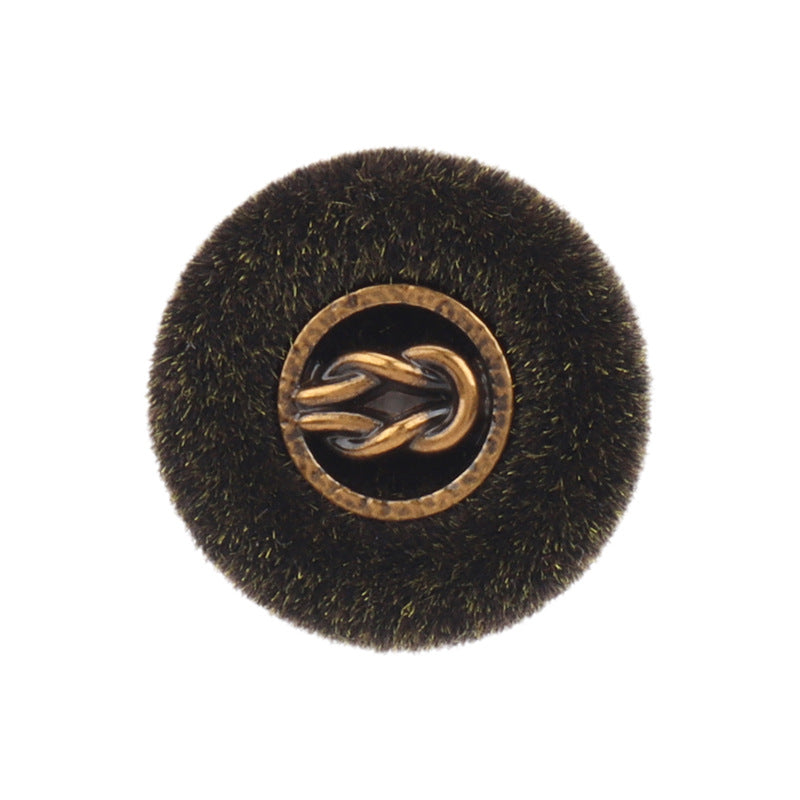 Black flocked metal combination button, gold ring and logo detail, front view