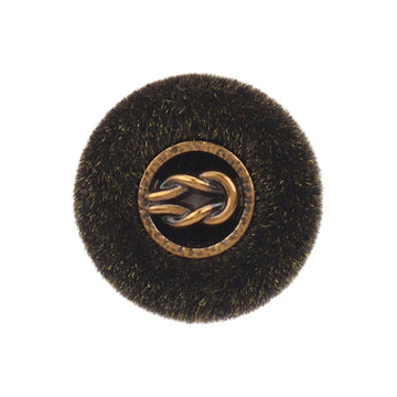 Black flocked metal combination button, gold ring and logo detail, front view
