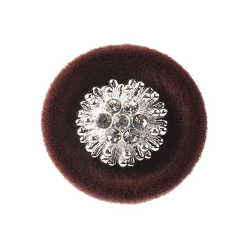 Brown flocked diamond shank button with silver rhinestone flower cluster, 18mm