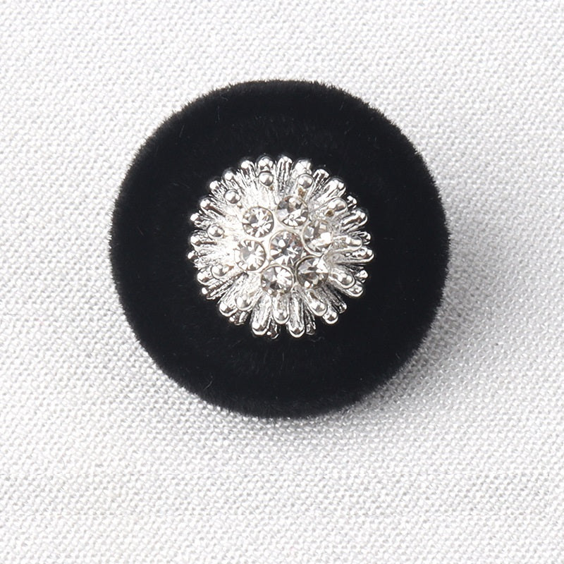 Black flocked diamond shank button with silver rhinestone flower cluster, 18mm