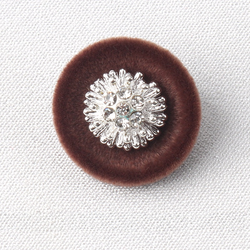 Brown flocked diamond shank button with silver rhinestone flower cluster, 18mm