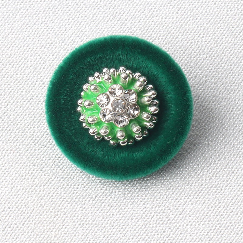 Green flocked diamond shank button with silver rhinestone flower cluster, 18mm