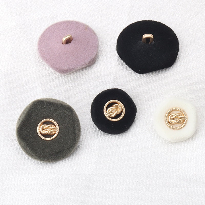 Flocked metal coat buttons set, purple and black with gold knot emblem fronts (4pcs)