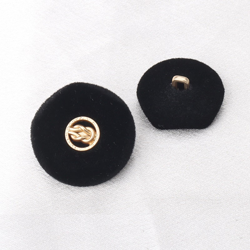 Flocked metal coat buttons set, black with gold knot emblem front and gold shank back (2pcs)