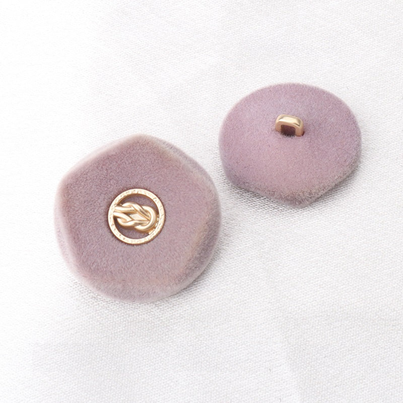 Flocked metal coat buttons set, purple and light gray with gold knot emblem fronts (2pcs)