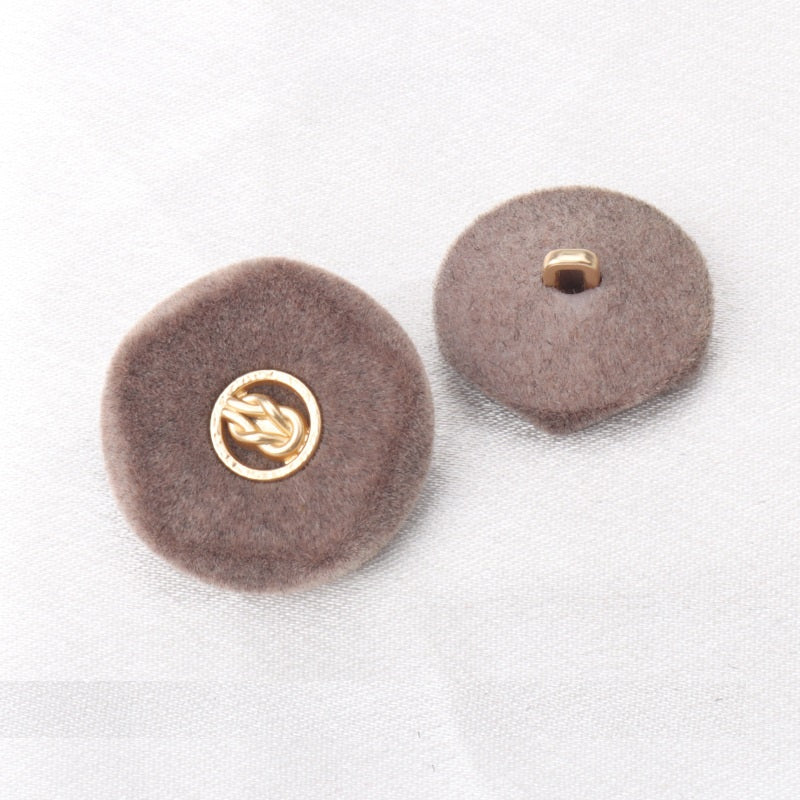 Flocked metal coat buttons set, coffee brown with gold knot emblem front and gold shank back (2pcs)