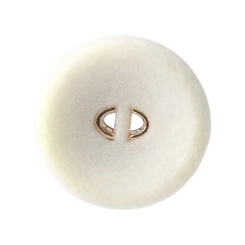 Round 2-hole flocked coat button, white, gold-tone metal loops