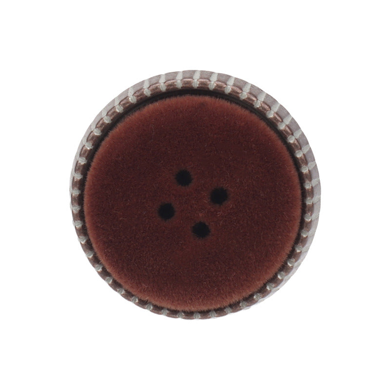Flocked metal coat button with shank, dark brown round face and 4-hole design