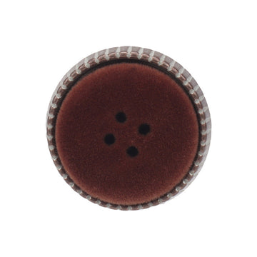 Flocked metal coat button with shank, dark brown round face and 4-hole design