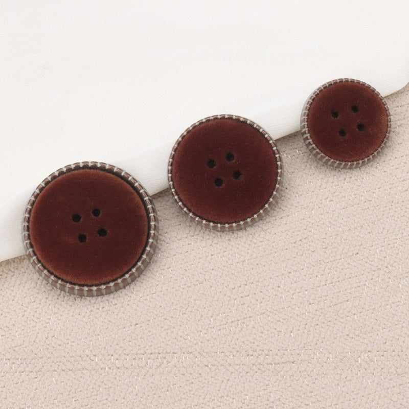 Set of 3 round flocked buttons with shanks, dark brown faces and 4-hole centers