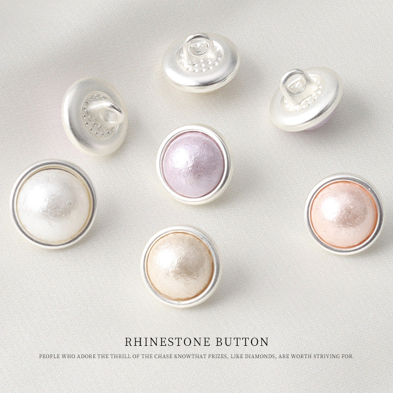 Metal pearl mushroom shank buttons with silver backs; lilac, ivory, peach, rose fronts visible