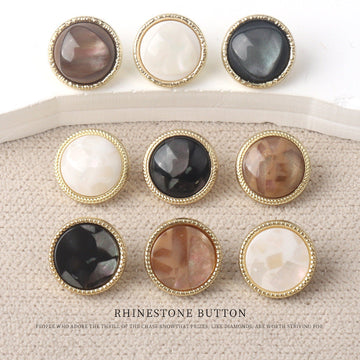 11mm gold button set with resin pearl-look center, mixed white, black, and brown tones