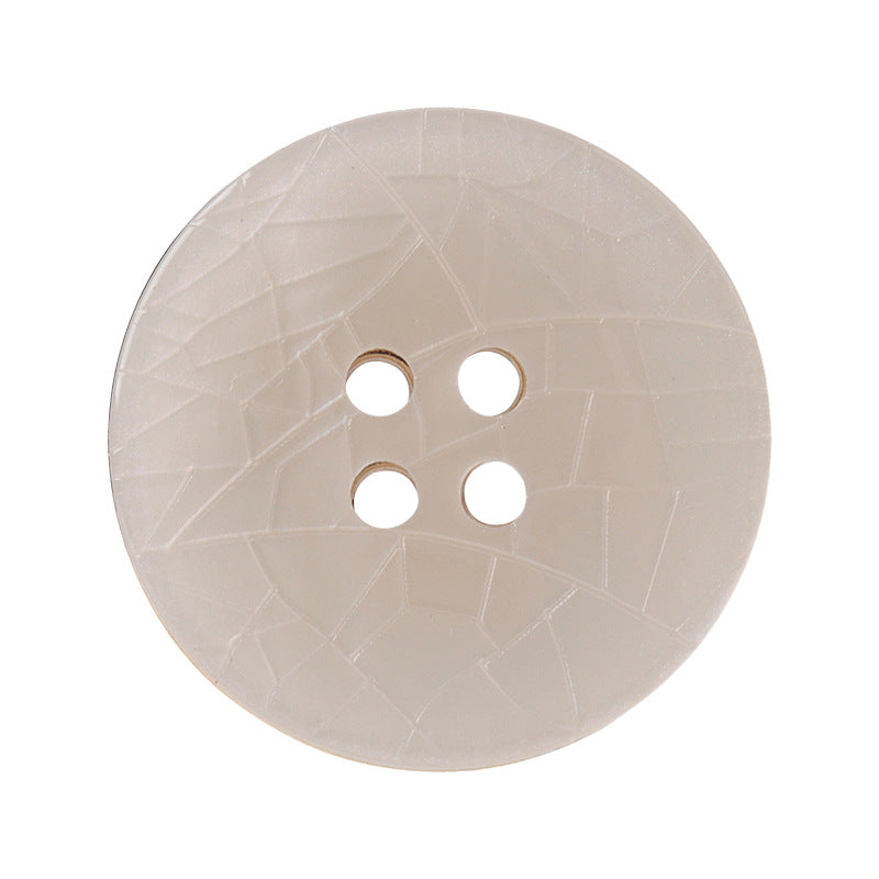 White cracked texture round resin metal button, four holes, front view